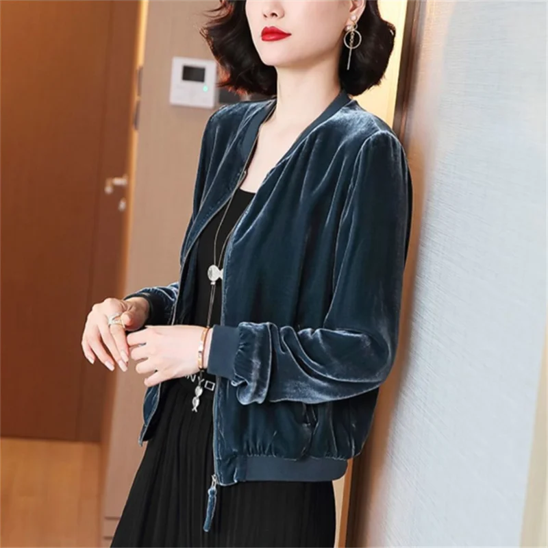 Золотистые бархатные куртки женские короткие пальто Повседневная Свободная