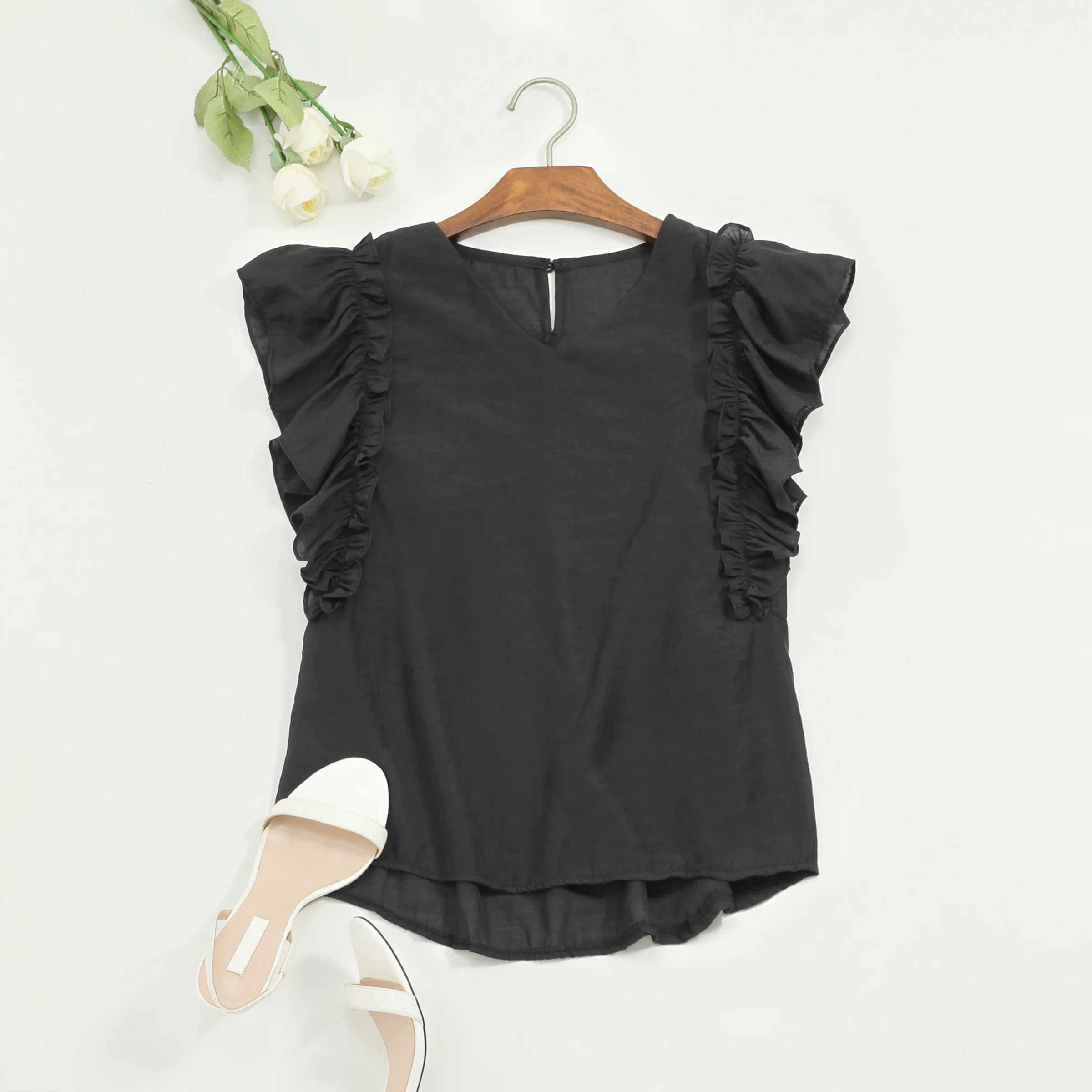

Women Summer Ruffles Blouse Black Straight Fashion Casual Shirt OL Office Lady Work Daily Street Wear Dating Slim Female Tops