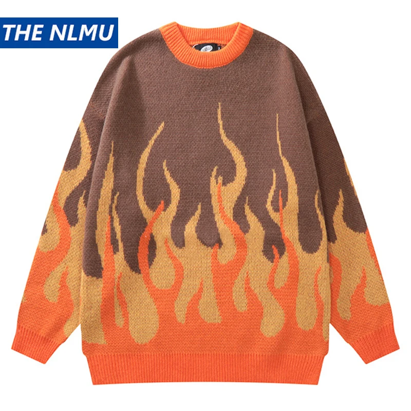 2022 Winter Hip Hop Flame Print Sweaters Men Women Loose  Knitwears Knitted Pullover Jumper Streetwear Men's Harajuku Tops
