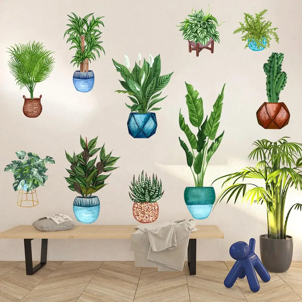 

2pcs Self-adhesive Wall Stickers Green Plants Potted Cactus Mural Art Posters For Living Room Bedroom Decoration