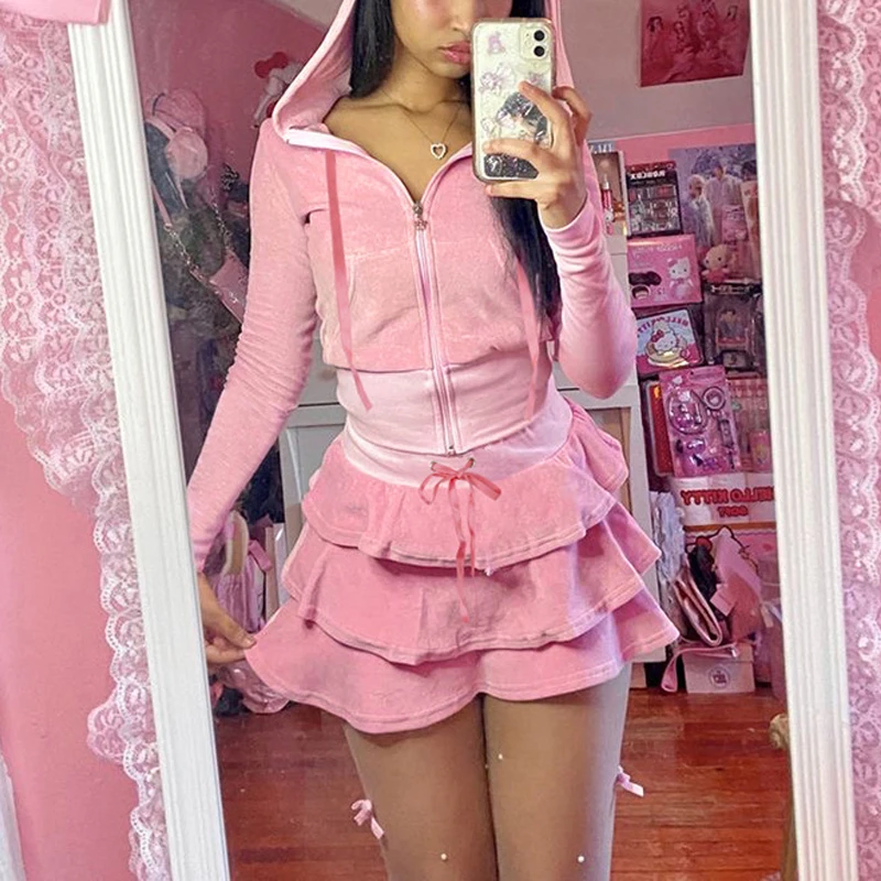 

Goth Dark 2000s Aesthetic Pink Velvet Skirt 2 Piece Sets Trashy Y2k Women Slim Jackets Pleated A-line High Waist Mini Skirt Suit