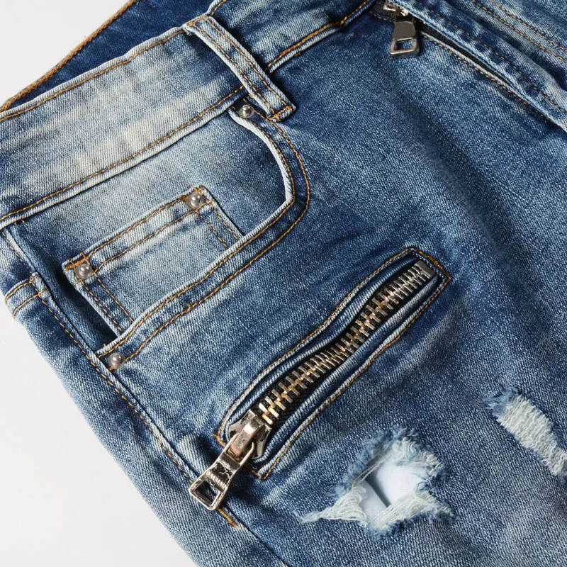 High Street Fashion Men Jeans Retro Light Blue Stretch Skinny Ripped Jeans Men Spliced Designer Hip Hop Brand Biker Pants Hombre