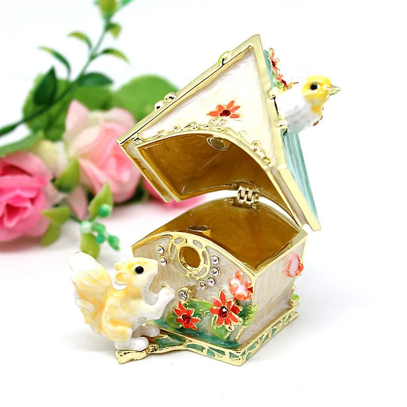 Squirrel Bird House Trinket Box Hinged Enameled Jewelry Box Hand-Painted Classic Animals Ornaments Craft Gift