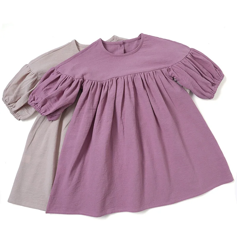 

Baby Girls Dress O Neck Cotton Linen Lantern Sleeve A Line Dresses for Kids Solid Spring Autumn Loose Children Clothing Vestidos