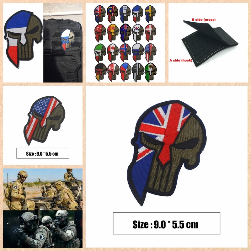 

3D Embroidery Spartan Helmet Patch Punisher Flag Patch USA Spain Russia Israel Canada UK Turkey Tactical Morale Military Badge