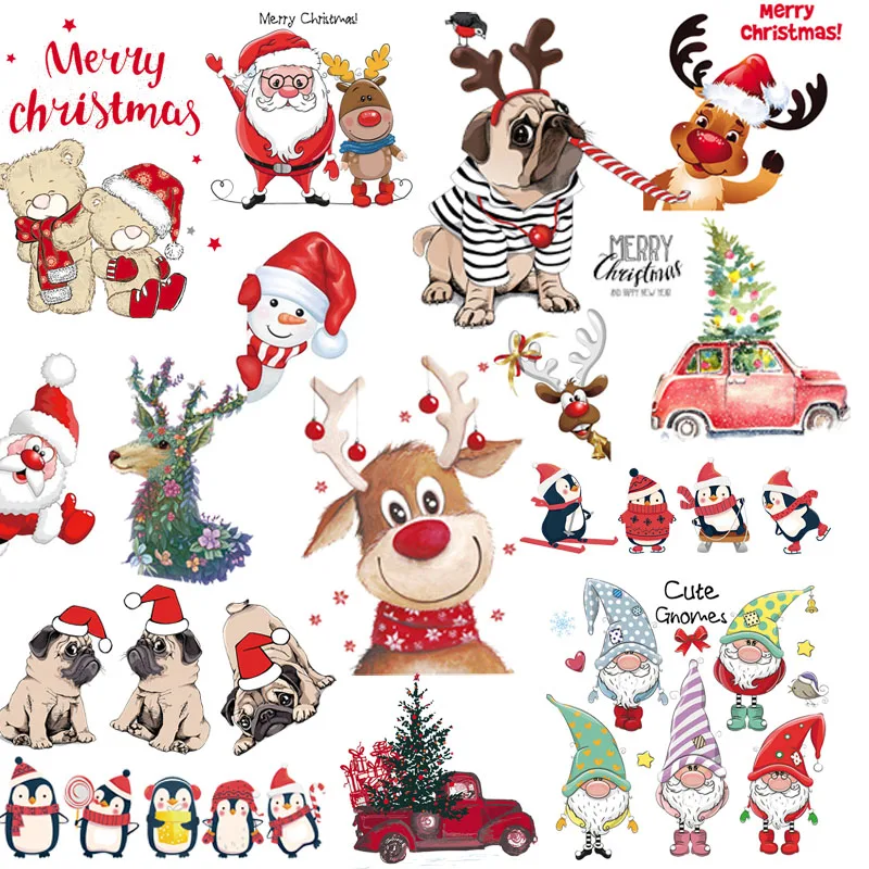 

Christmas stickers patches for clothing iron on transfer Christmas Santa Claus patch heat transfer deer snowman applique stripes