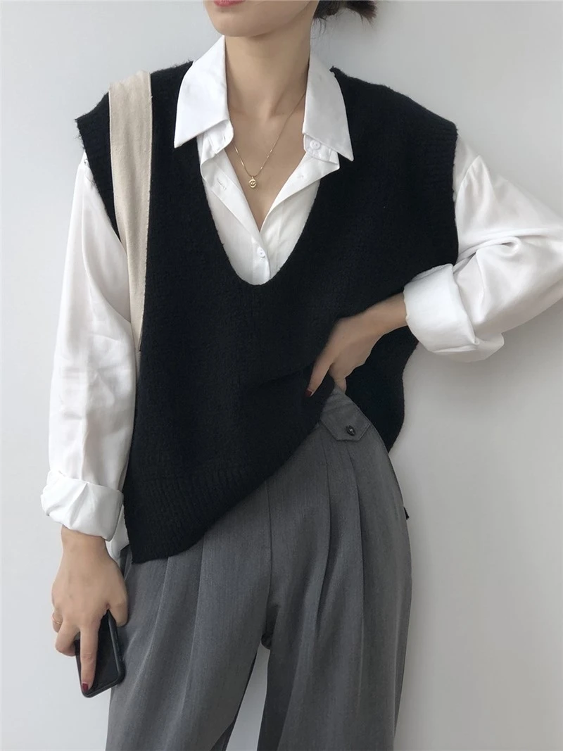 

Autumn Fashion England Style Elegant Solid Color Sleeveless V-neck Knitted Vests Women OL Ladies Sweater Vest Vintage Pullovers