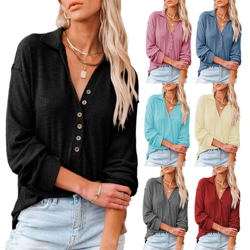 

2023 Spring Summer Long Sleeve Knitwear Women's lapel button long sleeve T-shirt