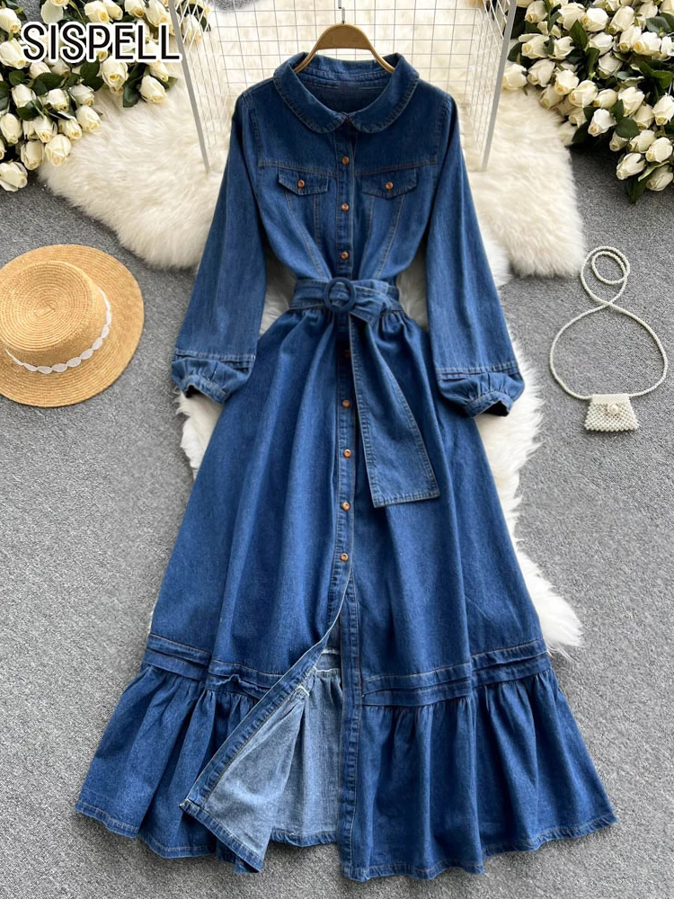 

SISPELL Solid Denim Dress For Women Round Neck Long Sleeve High Waist Patchwork Belted Folds Long Dresses Female Vintage Style