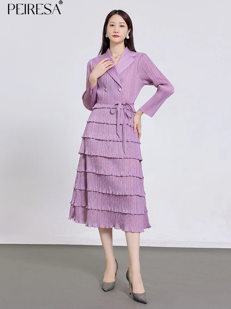 

PEIRESA Miyake Tassel Pleated Midi Dress For Women 2023 New In Spring Summer Lapel Long Sleeve Lace Up Elegant Ladies Dresses