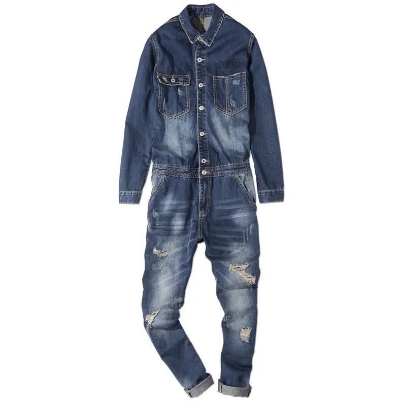 Spring and Autumn Men Jumpsuit Overalls Denim Jumpsuit Men's Hip Hop Hole Small Feet Denim Jacket Jumpsuit Men
