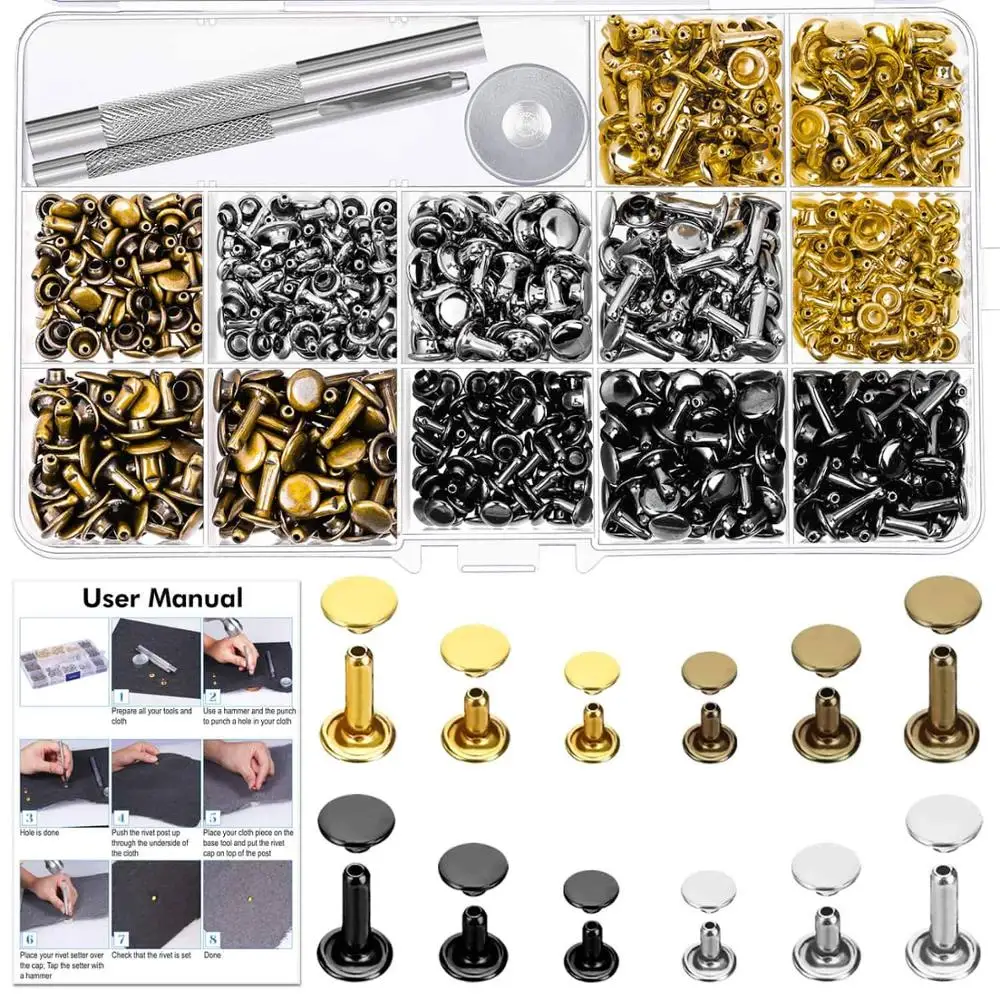 

DIY Leather Rivets Kit Double Cap Brass Rivets Leather Studs with Setting Tools for Leather Repair & Crafts,4 Colors&3Sizes Set