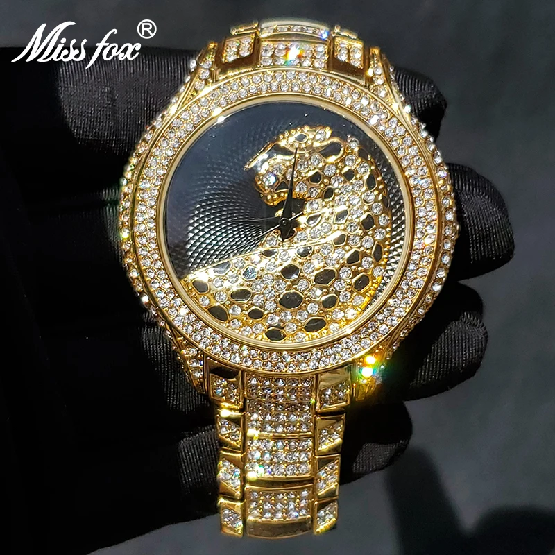 Мужские большие золотые часы со стразами 3D леопардовые Роскошные Брендовые Часы
