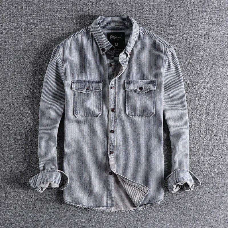 

Men's Retro Cargo Distressed Washed Striped Shirt Cotton Uniform Light High Quality Work Safari Style Mens Shirts Top Coats