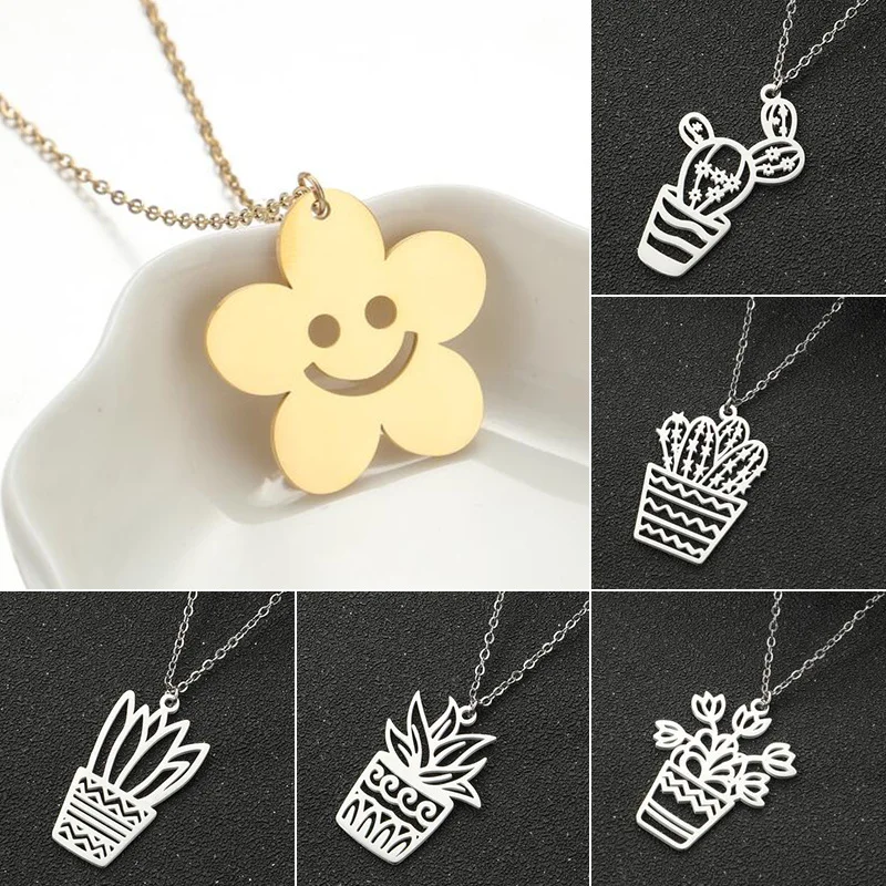 

WANGAIYAO new fashion summer personality potted plant aloe vera cactus flower hollow smiley necklace ins birthday anniversary gi
