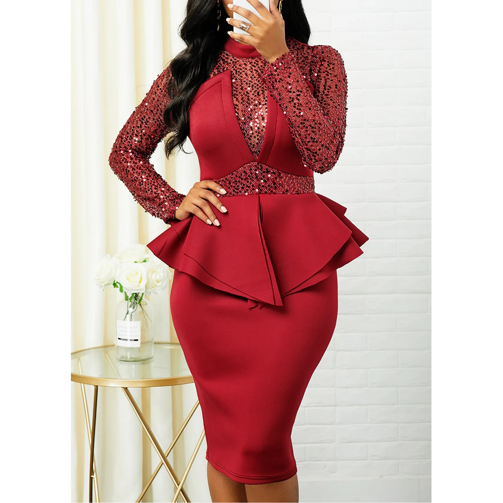 

Women half turtleneck Long Sleeve Sequin Dress Elegant High Waist Slim Fit Evening Dress Party Ladies Medium Long Dresses S-5XL