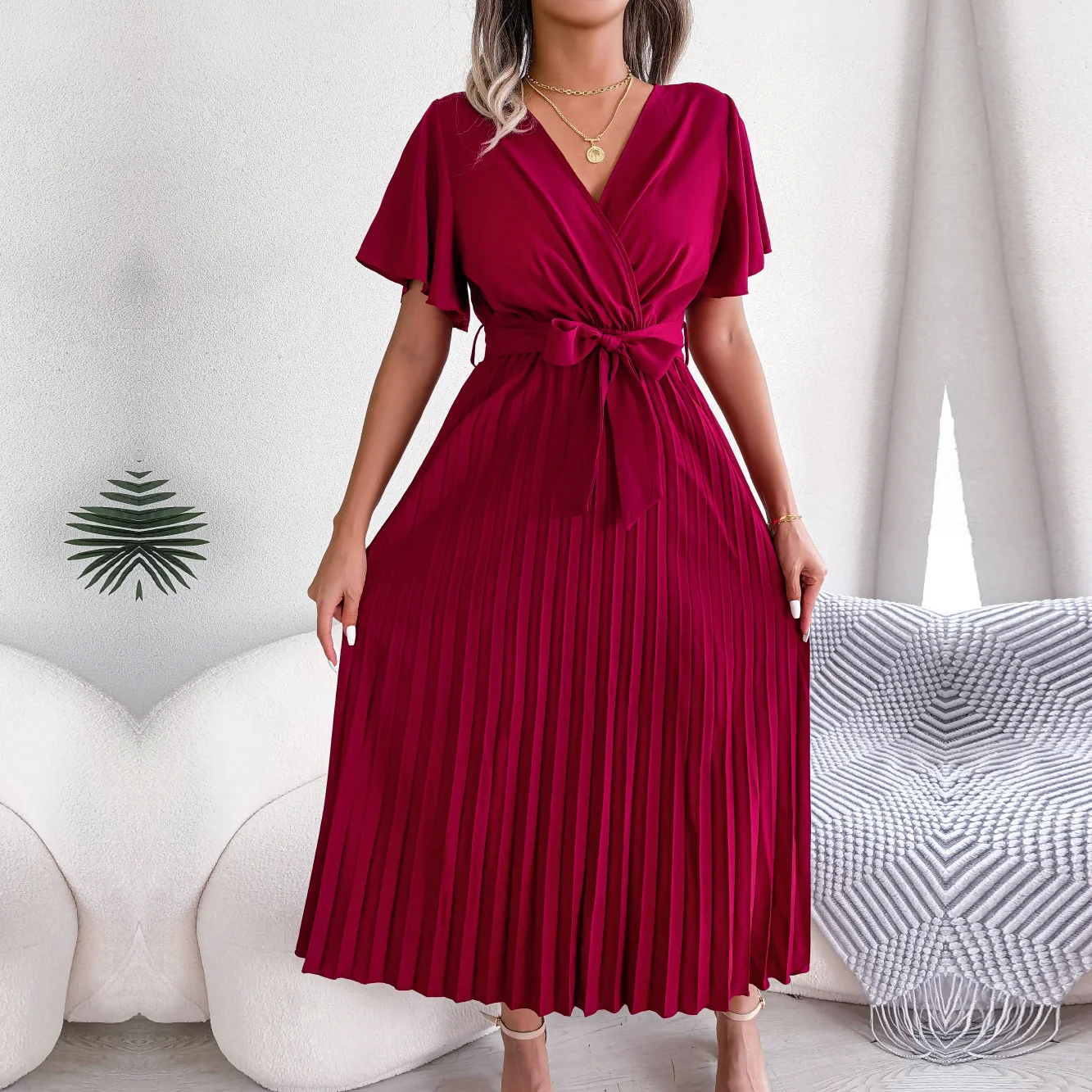 

2022 New Women Spring Summer Temperament Cross V-Neck Short Sleeve Solid Color Pleated Maxi Long Dress