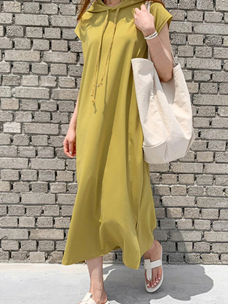 

Summer Dress Women New Elegant Fashion Solid Hooded Split Dresses Woman Clothing Streetwear LOOSE Casual Vintage Robe Formal