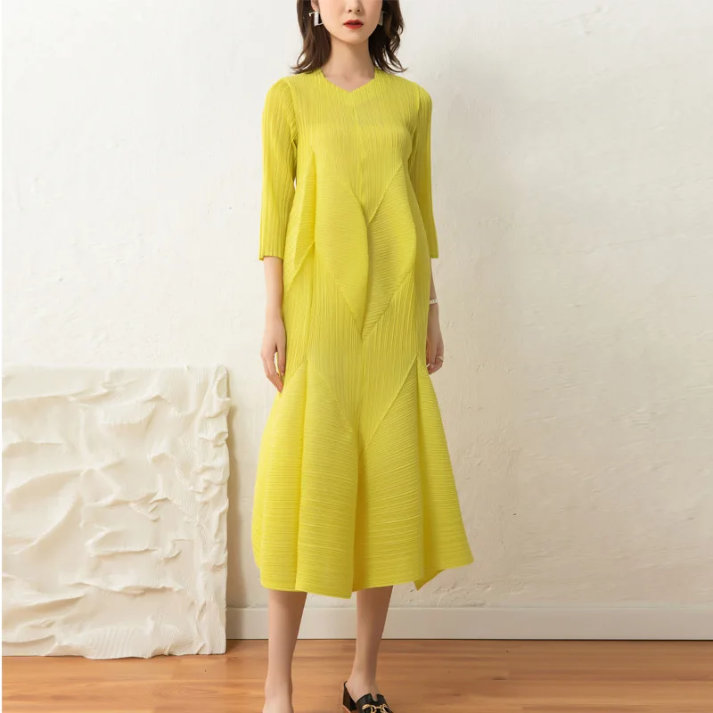 

Женское плиссированное платье миаке, однотонное свободное платье до середины икры с V-образным вырезом и рукавом 3/4, летнее платье большого размера