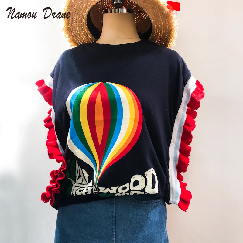 

Summer 2022 New Korean Women's Hot Air Balloon T-shirt with Wooden Ear Edge for Women Sleeveless Knit Cotton Quilted Shirt