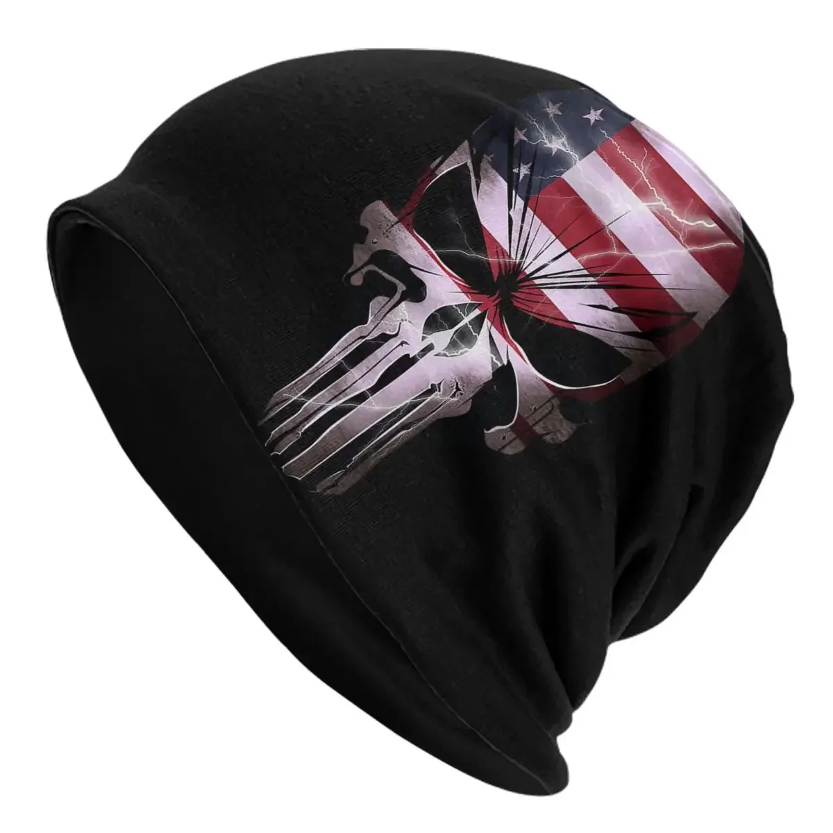 

Skull With American Flag And Lightning Skullies Beanies Hats Warm Autumn Winter Outdoor Cap Knitted Bonnet Caps for Unisex Adult