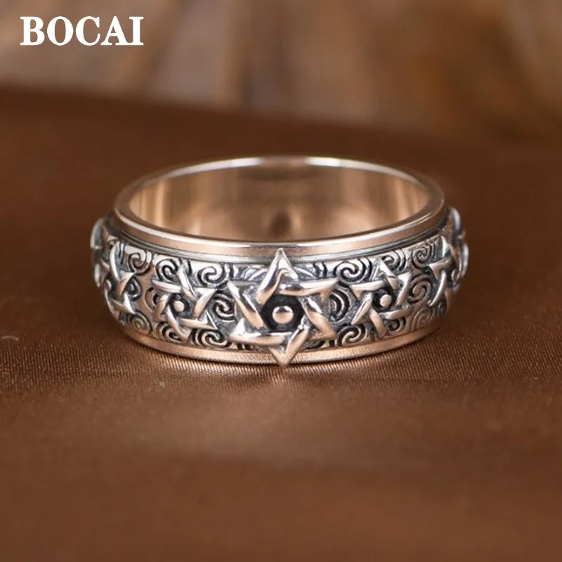 

10.5G~15.7G BOCAI New S925 Silver Jewelry Retro Punk Classic Rotatable Six Pointed Star Men's Ring Good Luck Gift Free Shipping