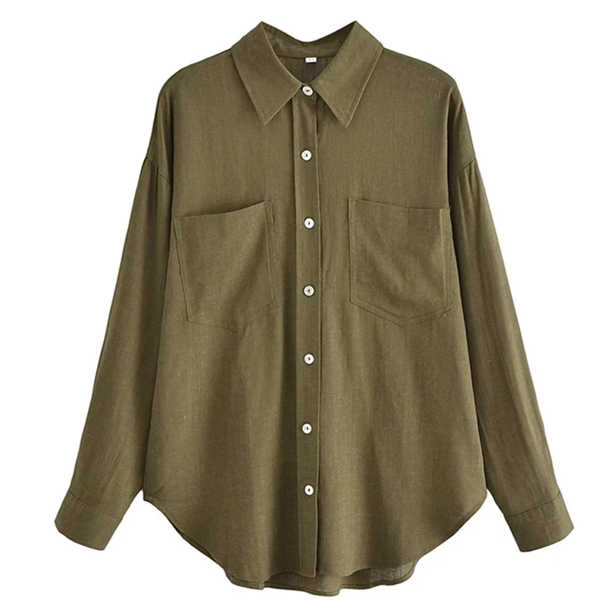 

Elmsk Country Style Commuter Casual Linen Shirt Fashion Army Green Solid Color Pocket Ladies Top Bouse Women