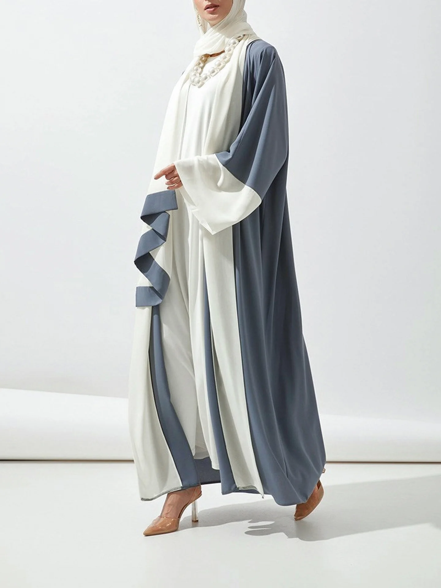 Fashion Opened Muslim Dresses Abaya For Women With Hajib Elegant Patchwork Cardigan Flare Sleeve Dubai Türkiye Islamic Clothing