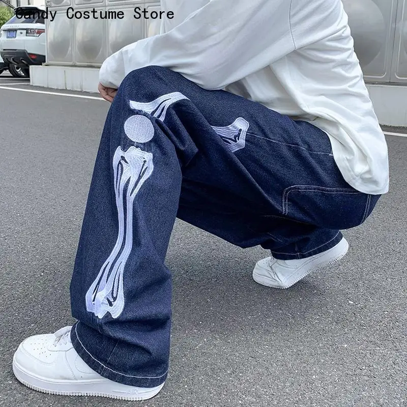 Male Vintage Blue Denim Pants Jeans Men Skeleton Baggy Casual Jean Pants Mens Japan Style Streetwear Wide Leg Denim Trousers