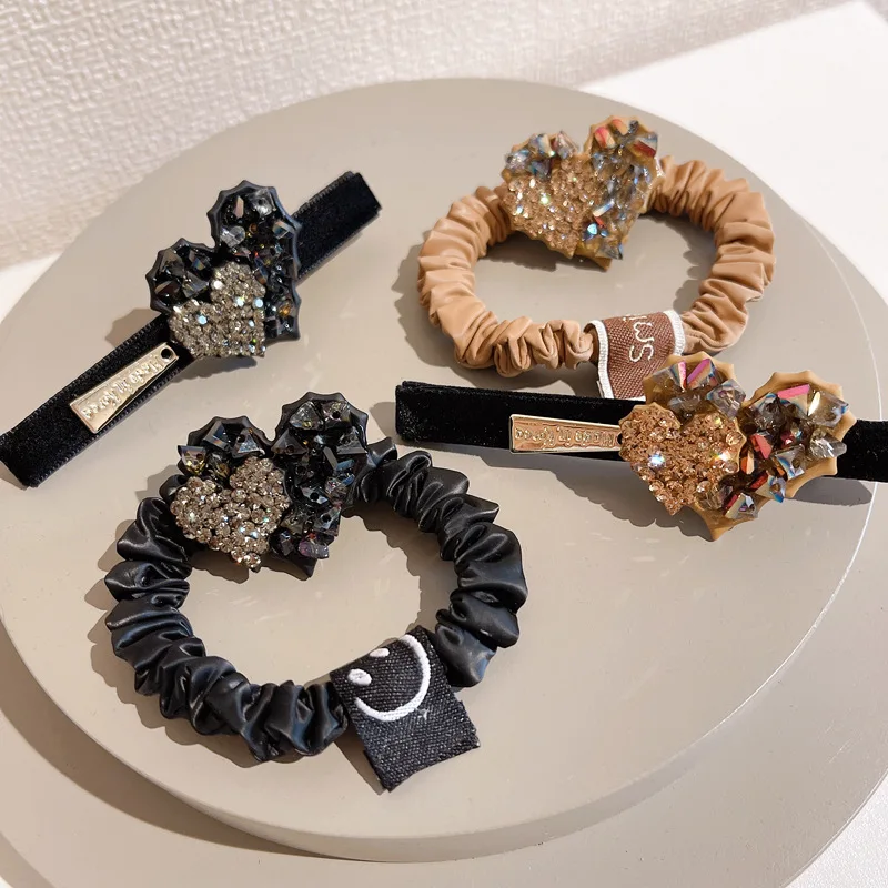 

Rhinestone Velvet Hair Tie Clip for Women Girl Heart Elastic Bands Rubber Korean Cute Accessories Handmade Wholesale