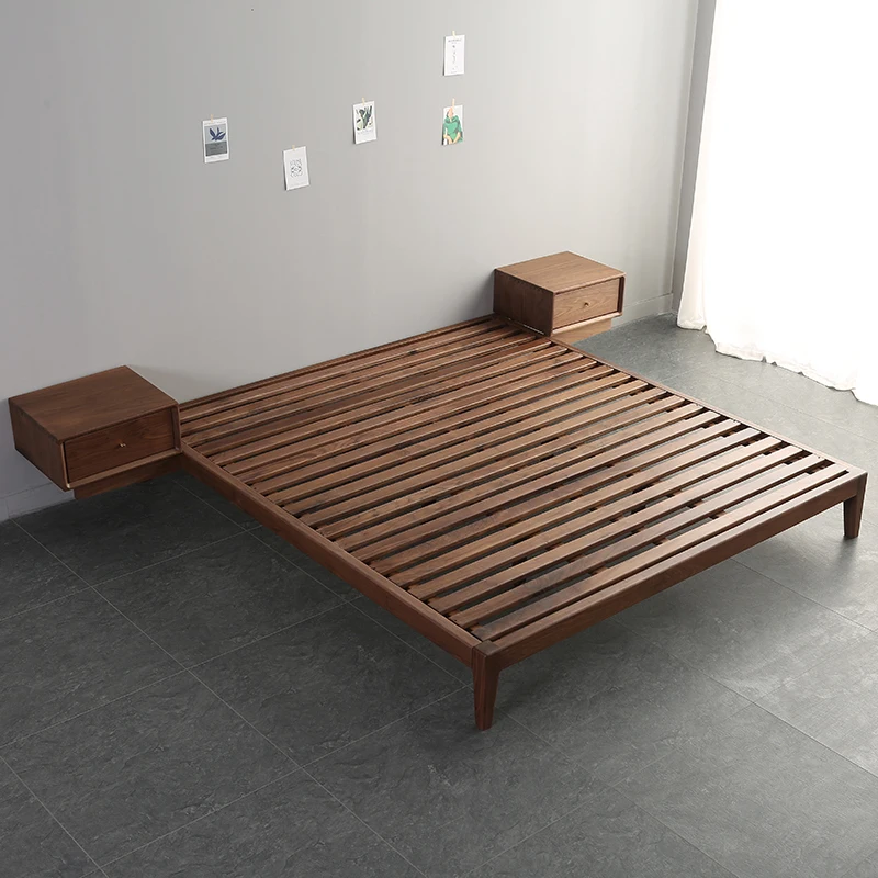 

Черная оправа для кровати из ореха, японская современная простая низкая кровать с татами, Скандинавская кровать с открытой спиной, цельная деревянная безголовая кровать