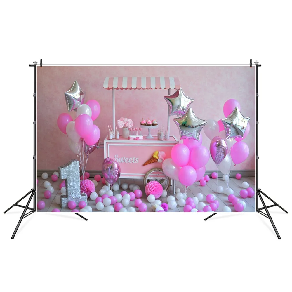 

Фон для фотосъемки с изображением мороженого грузовика 1-го детского дня рождения вечеринки украшения на заказ Розовые цветы торты воздушный шар