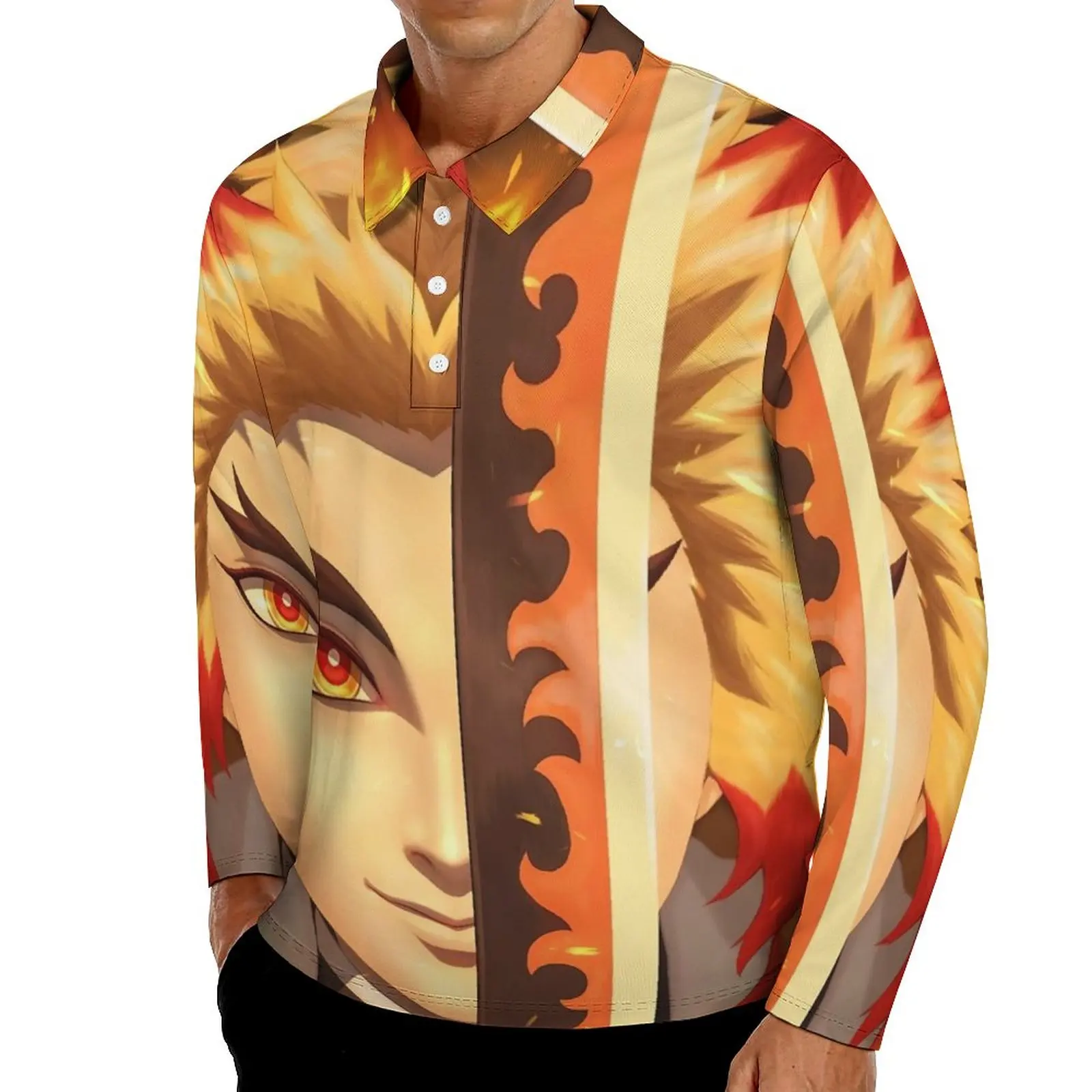 

Anime Demon Slayer Casual T-Shirts Men Rengoku Kyojuro Long Sleeve Polo Shirts Collar Streetwear Autumn Design Shirt Plus Size