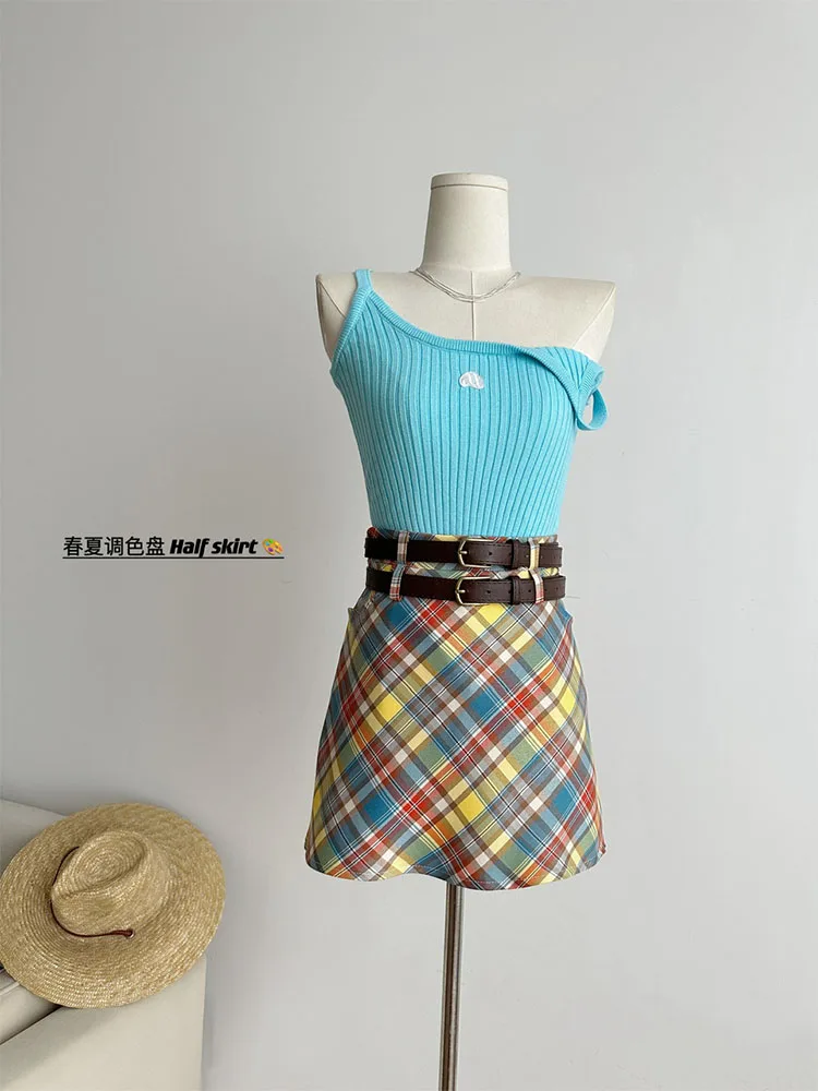 Harajuku Kpop клетчатая юбка Gyaru Клубная одежда Радужная трапециевидная с высокой