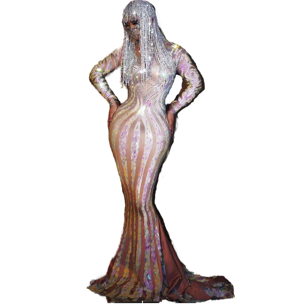 

Nude Shining Sequins Long Sleeves Trailing Dress With Headdress For Women Evening Banquet Clothing Stage Costume Party Wear