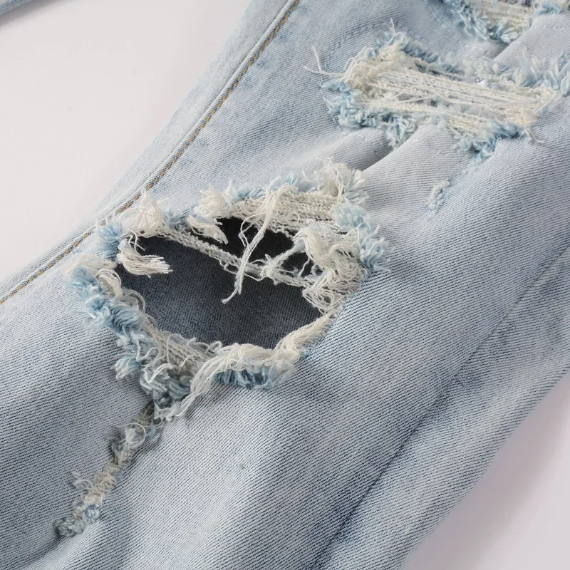 Streetwear Fashion Men Jeans Retro Light Blue Stretch Slim Fit Hole Ripped Jeans Men Patched Designer Hip Hop Brand Pants Hombre