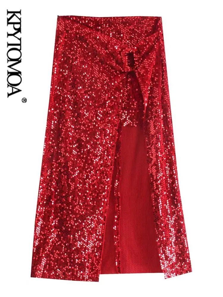 

KPYTOMOA Women Sexy Fashion With Ring Front Vent Sequined Velvet Midi Skirt Vintage High Waist Side Zipper Female Skirts Mujer