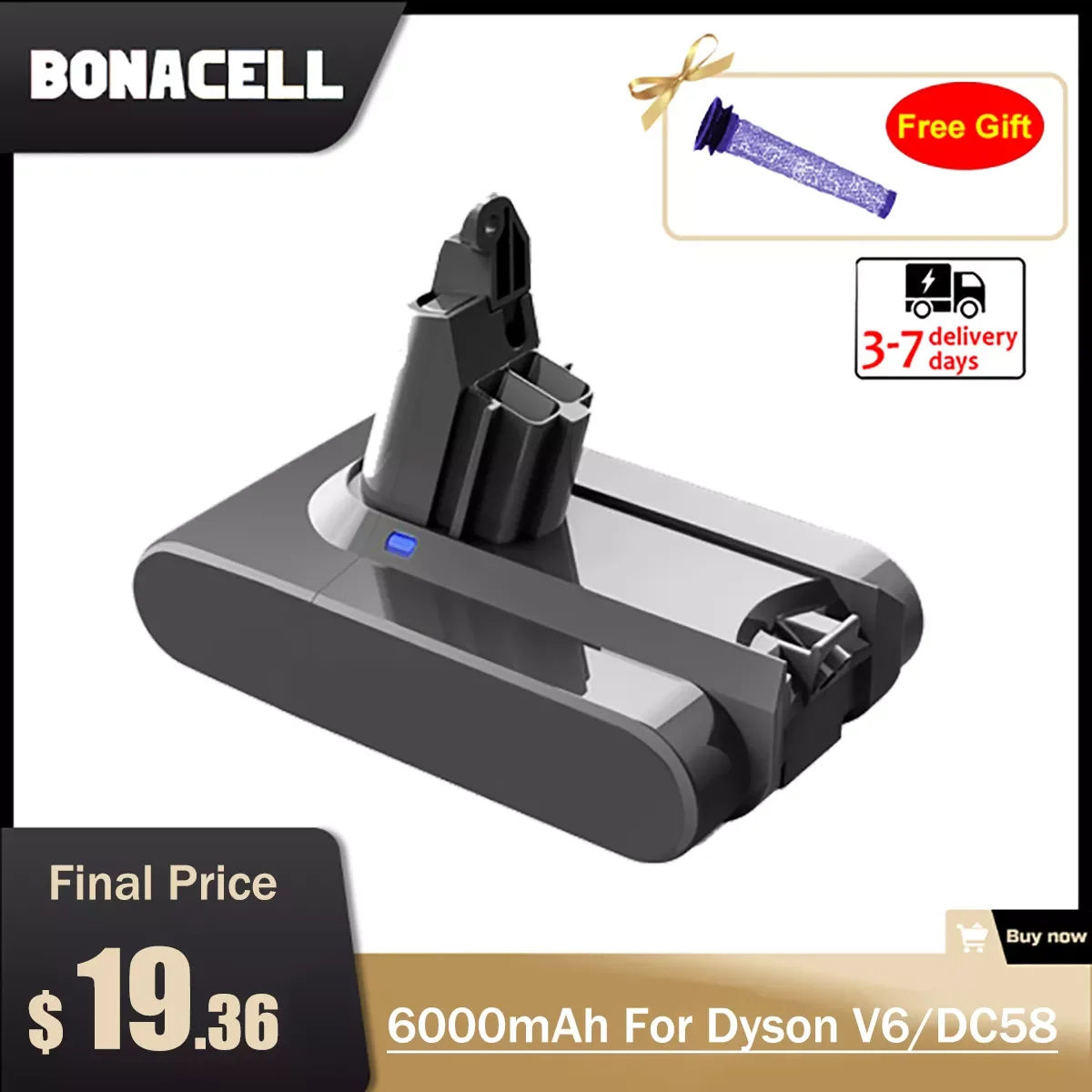 

21.6V 6000mAh Replacement Battery for Dyson Li-ion Vacuum Cleaner SV09 SV07 SV03 DC58 DC61 DC62 DC74 V6 965874-02 Animal Battery