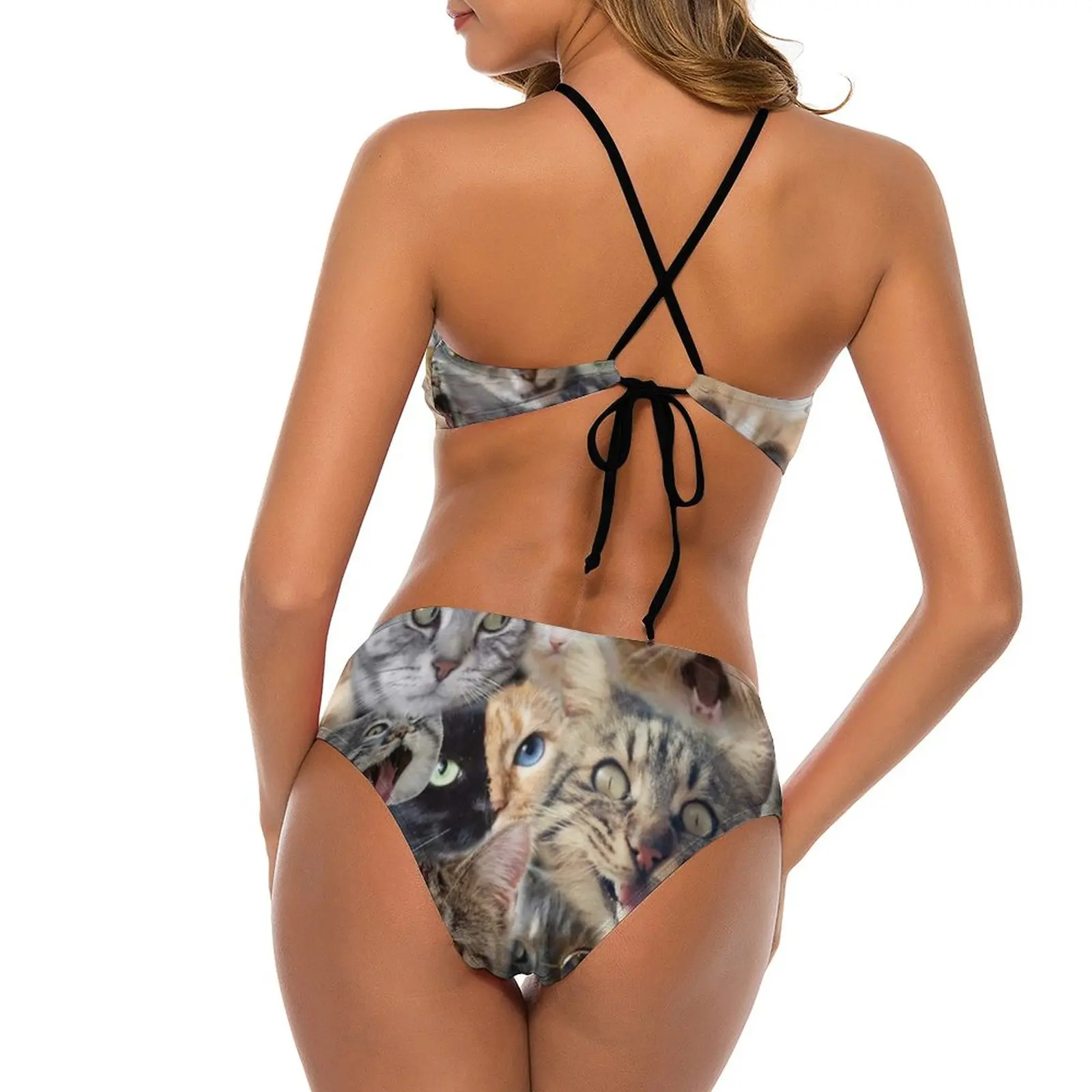 Милый купальник-бикини с коллажем кошки принтом животных и высокой горловиной