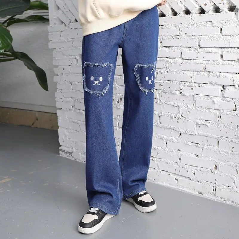 Прямые милые повседневные брюки для девочек маленькие прямые джинсы с высокой