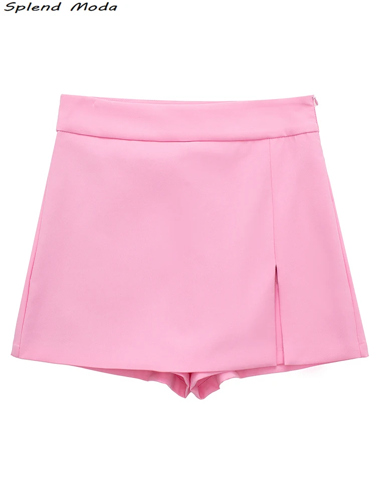 

2022 Za Women Summer Fashion Sweet Style Solid Shorts Skirts Young Chic High Waist Zipper Split Skorts Female Short Pant