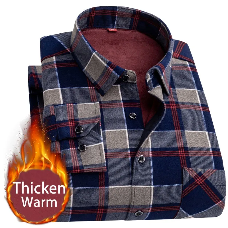 

2022 Men Fleece Shirt Autumn Winter Male Long Sleeve Plaid Shirt Thick Fleece Lined Soft Casual Flannel Warm Dress Shirt L-5XL