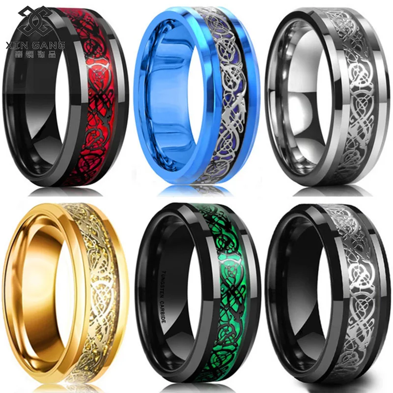 

Fashion 8mm Men Red Groove Beveled Edge Stainless Steel Celtic Dragon Ring Zircon Inlay Red Carbon Fibre Ring Men Wedding Band