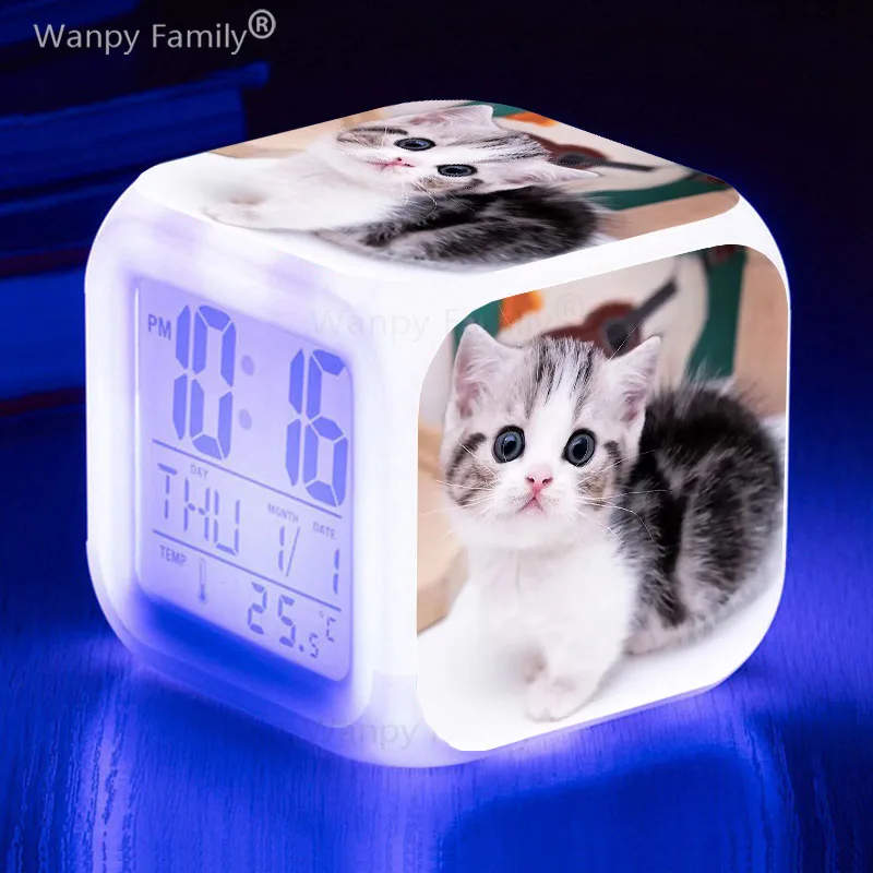 Very Cute kitten 7Color Changing LED Alarm Clock Pet Cat Boy