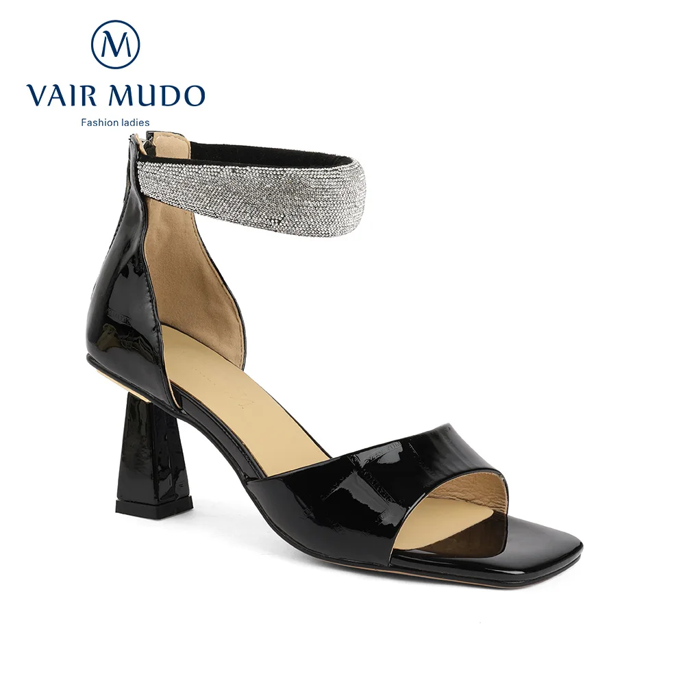 

VAIR MUDO Women Summer Fashion Thick Mid Heels Sandals Zipper Patent Leather Peep Toe Slingback Solid Lady Casual Outdoor Shoes