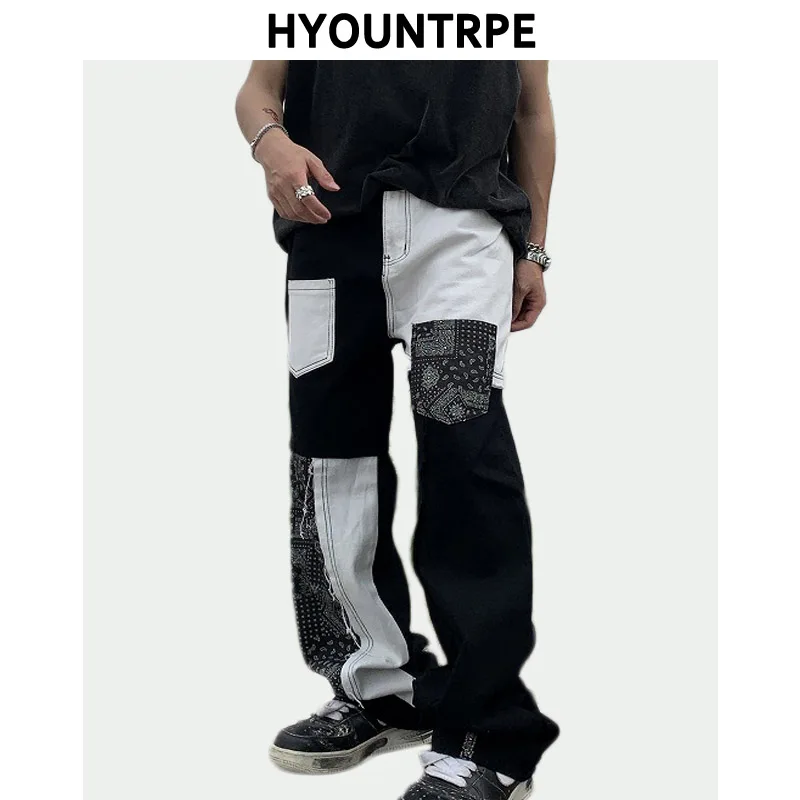 

Fashion Patchwork Straight Pants Mens Harajuku Zipper Jean Pants Hip Hop Streetwear 2022 New Casual Vintage Joggers Jeans Pants