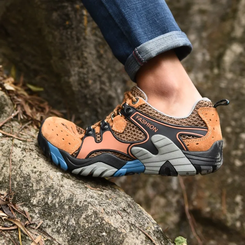 JIEMIAO Summer Men's Hiking Shoes Mesh Breathable Men's Sneakers Outdoor Non-slip Trail Mountain Climbing Trekking Shoes