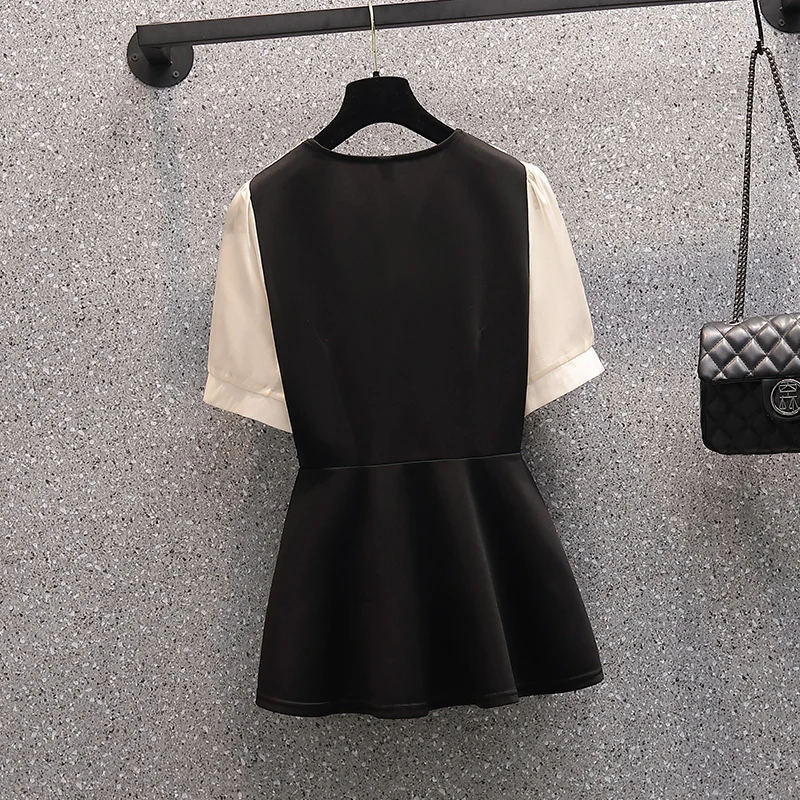 EHQAXIN New Ladies Tops Casual Summer Korean Version Loose V-Neck Lace Stitching Pullover Button Top For Womens L-4XL