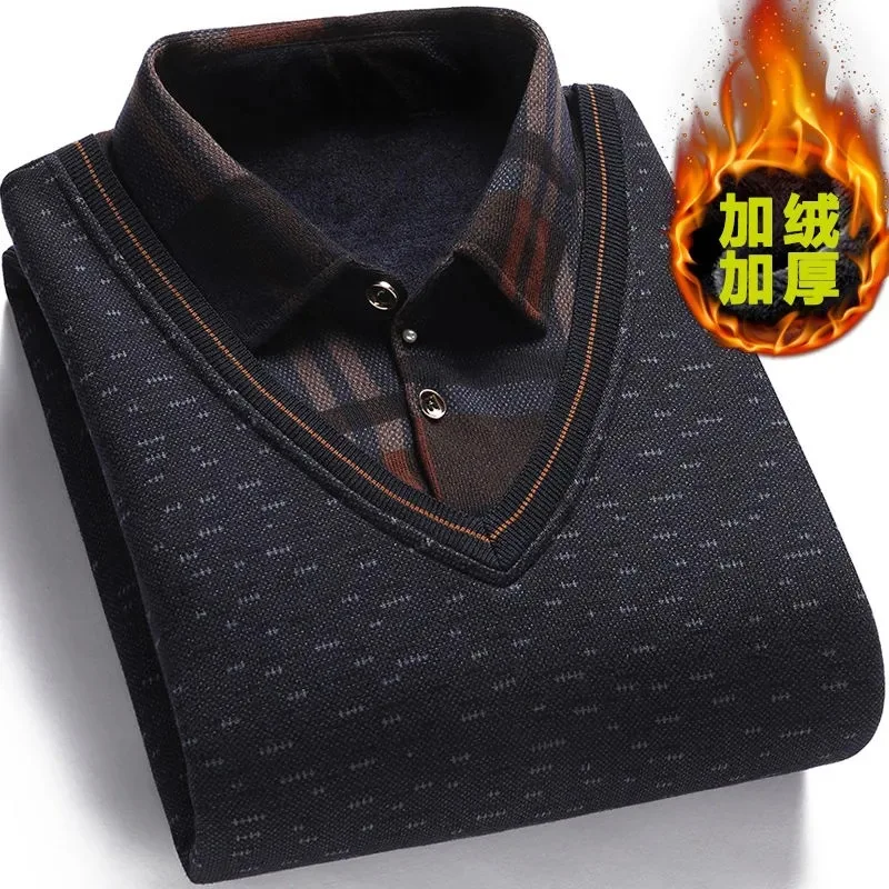 

Autumn Winter New Men's Pullover Fake Two-Piece Sweater Plus Velvet Thick Male Fashion Bottoming Shirt Jacket Middle-Aged Homme
