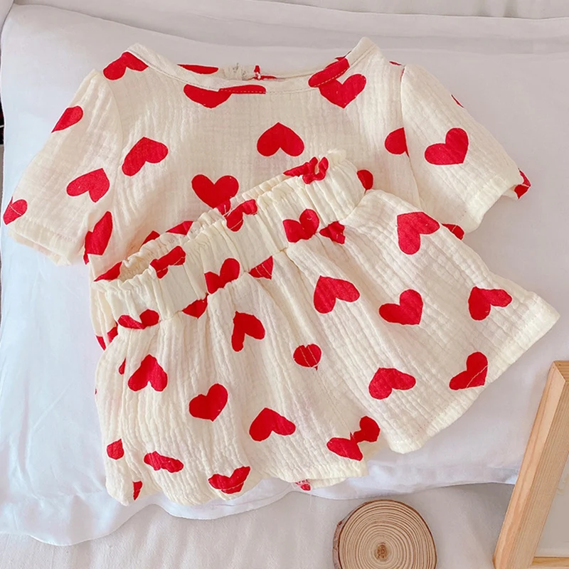 

Sodawn 2023 Korean Style Toddler Summer Casual Heart Shape Pattern Set T-Shirt+Shorts 2Pcs Baby Girl Clothes